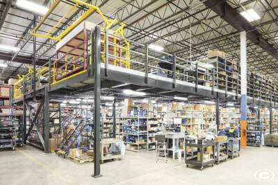 A warehouse mezzanine used for inventory management