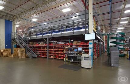 A storage mezzanine in a warehouse